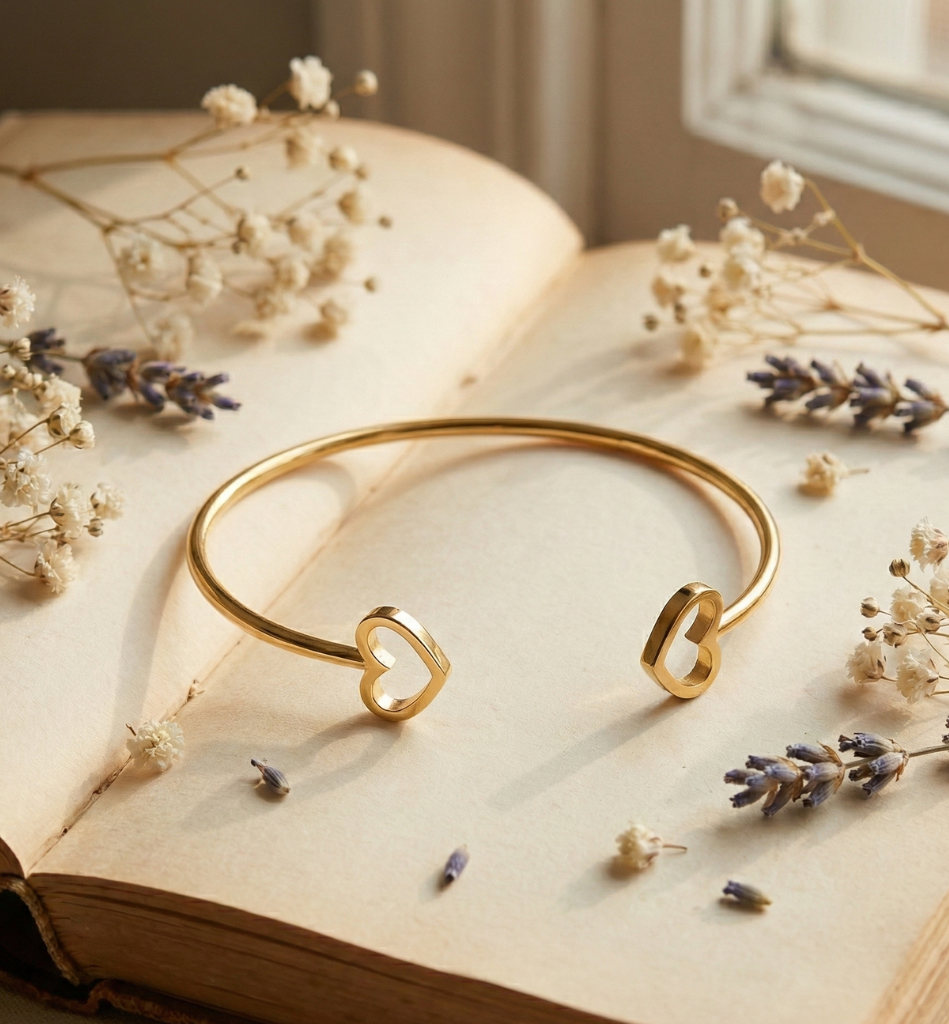 Pulsera Brazalete Abierto con Doble Corazón - Baño Oro 18K - LorPier