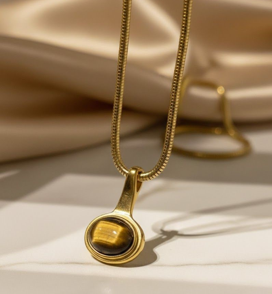 Collar Ojo de Tigre con Cadena Serpiente Baño Oro 18k - LorPier