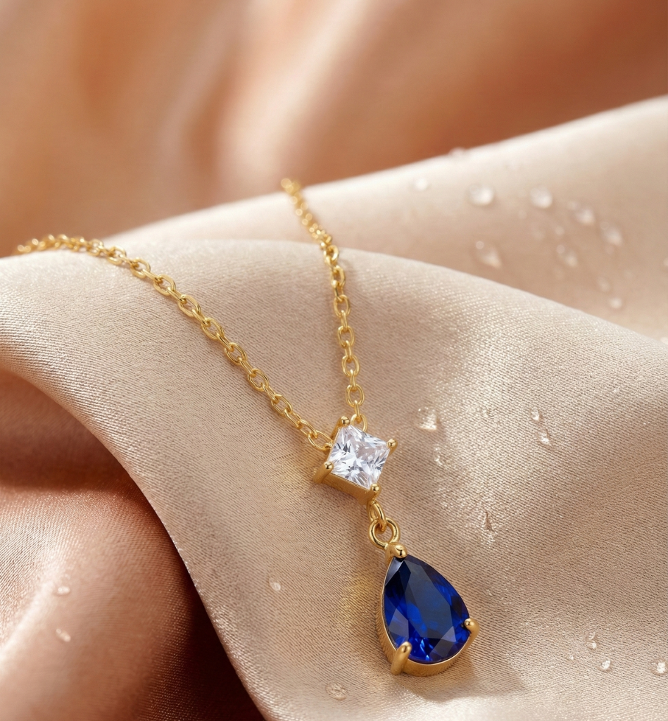 Collar Gota Zafiro Azul Baño Oro 18K - LorPier