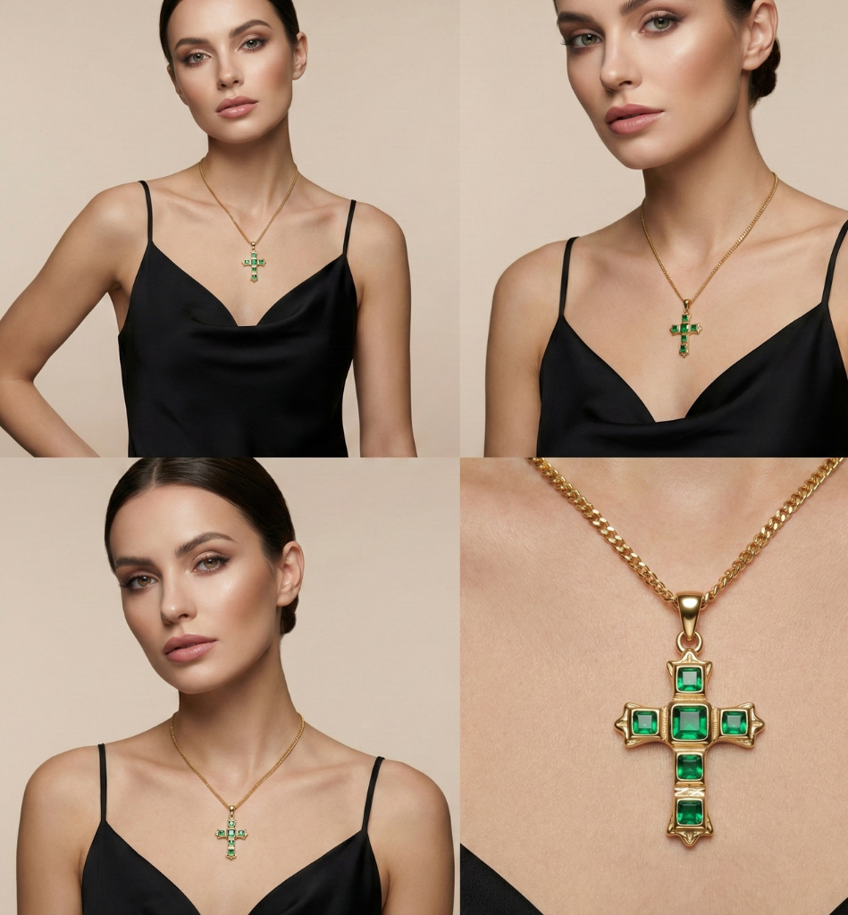 Collar Cruz Esmeralda Baño Oro 18K - LorPier