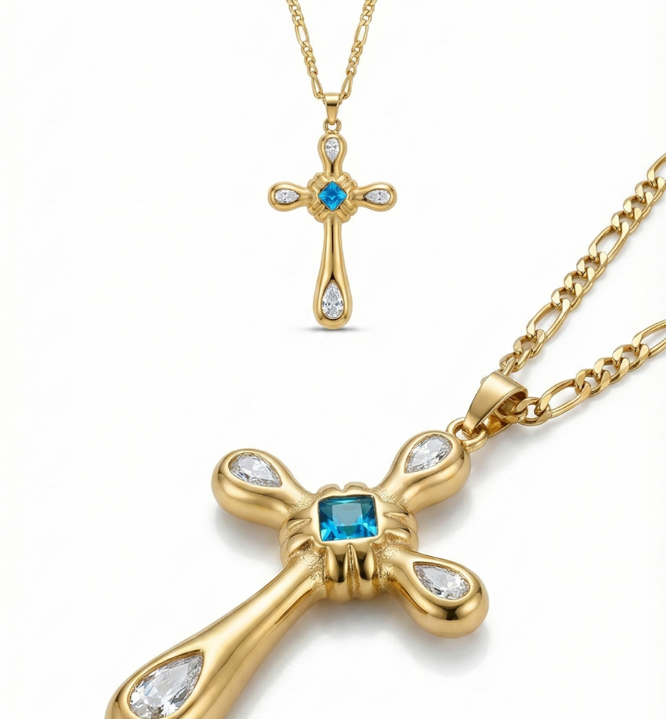 Collar Cruz con Topacio Azul y Cristales Baño Oro 18K - LorPier