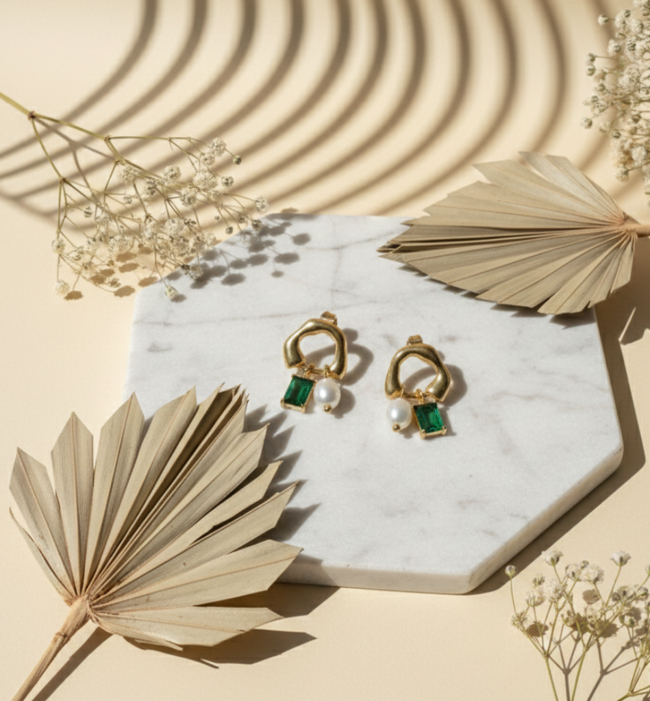 Pendientes Aro con Esmeralda y Perla Natural Baño Oro 18k - LorPier