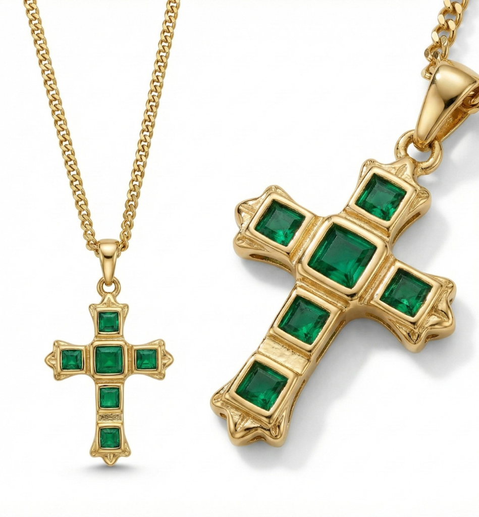 Collar Cruz Esmeralda Baño Oro 18K - LorPier