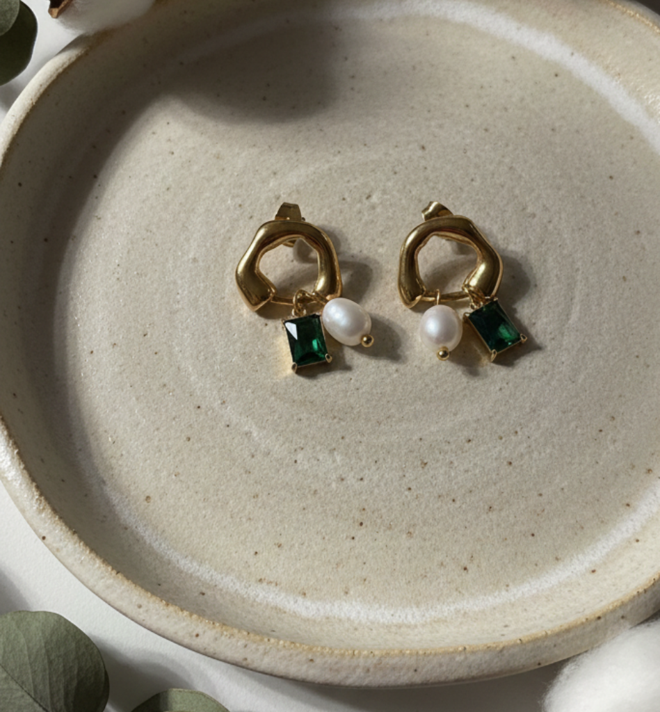 Pendientes Aro con Esmeralda y Perla Natural Baño Oro 18k - LorPier