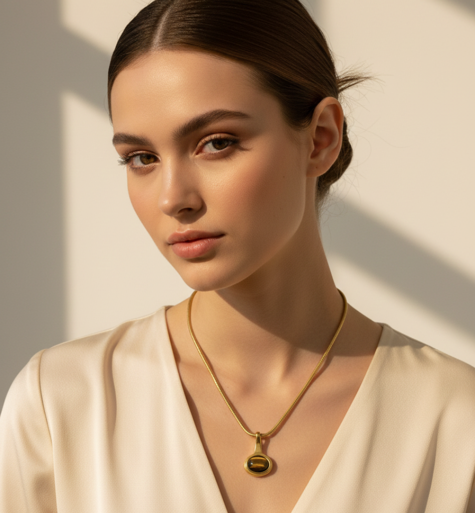 Collar Ojo de Tigre con Cadena Serpiente Baño Oro 18k - LorPier