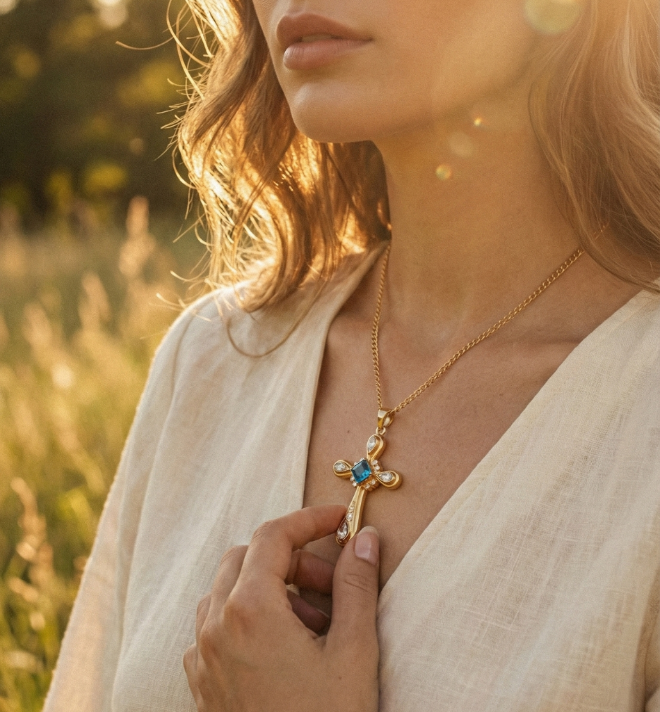 Collar Cruz con Topacio Azul y Cristales Baño Oro 18K - LorPier