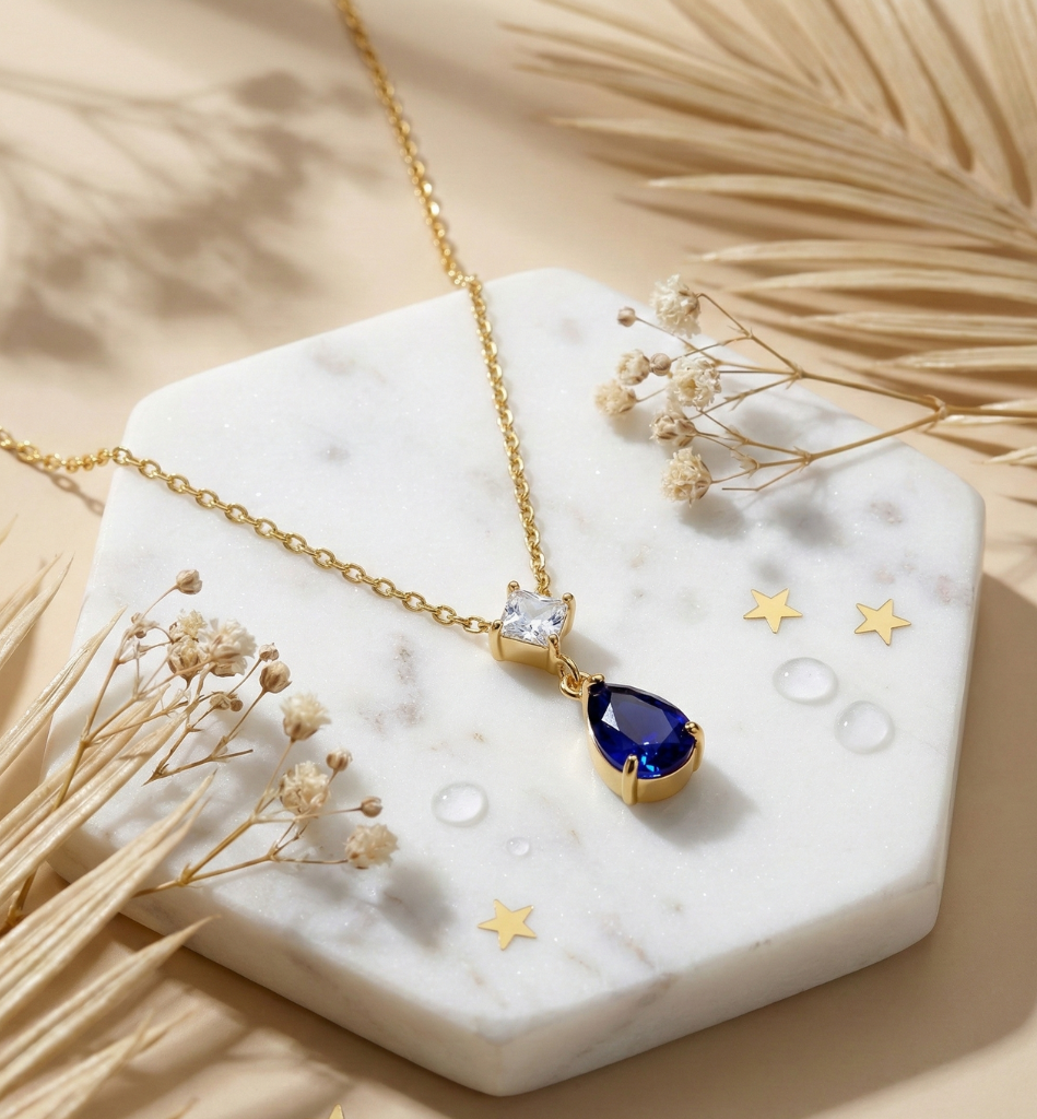 Collar Gota Zafiro Azul Baño Oro 18K - LorPier