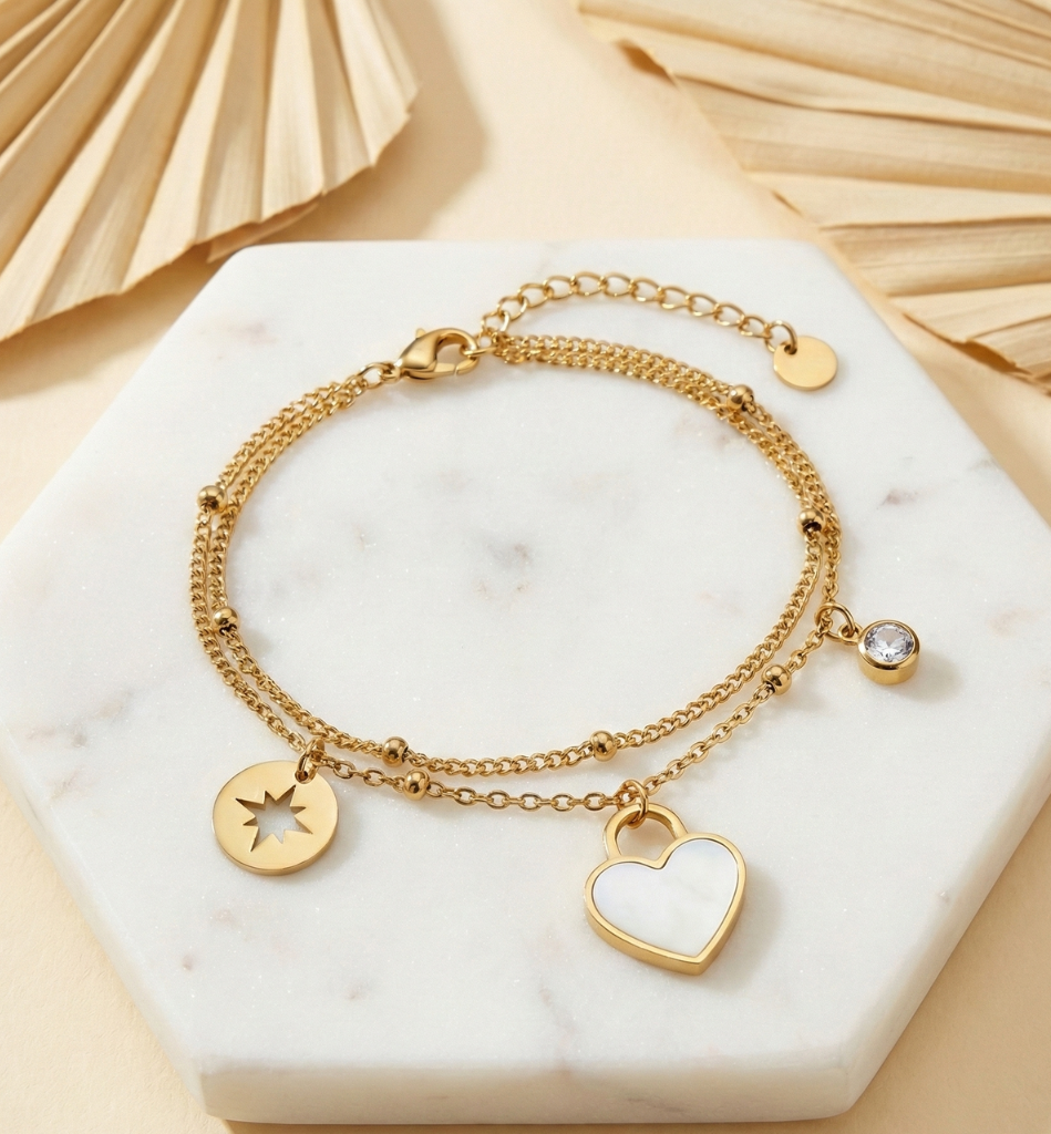 Pulsera Doble Cadena con Corazón Nácar, Estrella y Cristal - Baño Oro 18K - LorPier