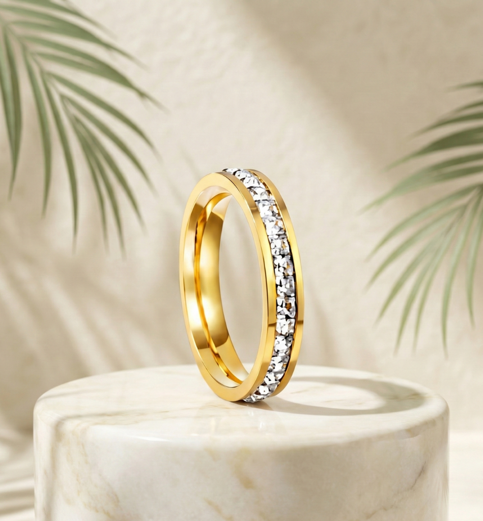 Anillo Alianza con Zirconias Incrustadas Baño Oro 18k - LorPier