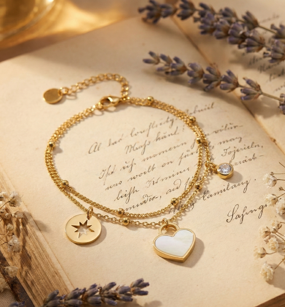 Pulsera Doble Cadena con Corazón Nácar, Estrella y Cristal - Baño Oro 18K - LorPier