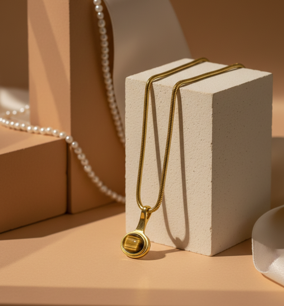 Collar Ojo de Tigre con Cadena Serpiente Baño Oro 18k - LorPier