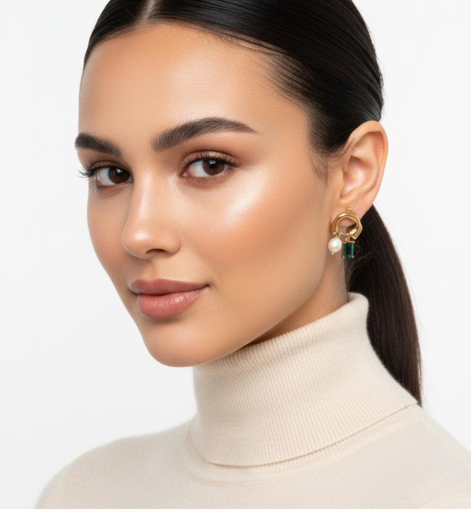 Pendientes Aro con Esmeralda y Perla Natural Baño Oro 18k - LorPier