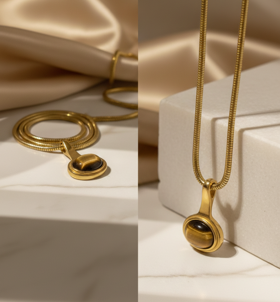 Collar Ojo de Tigre con Cadena Serpiente Baño Oro 18k - LorPier