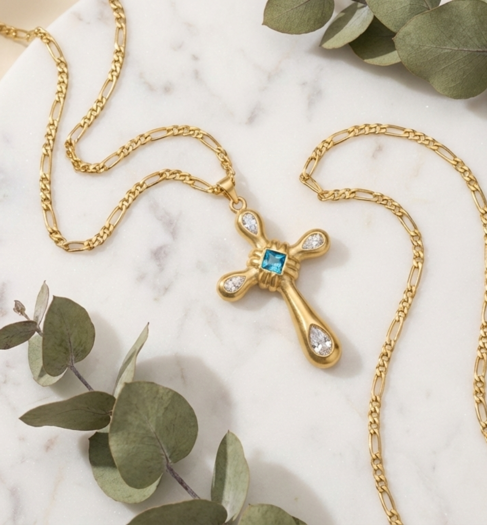 Collar Cruz con Topacio Azul y Cristales Baño Oro 18K - LorPier