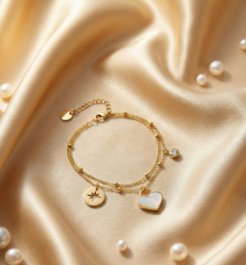 Pulsera Doble Cadena con Corazón Nácar, Estrella y Cristal - Baño Oro 18K - LorPier
