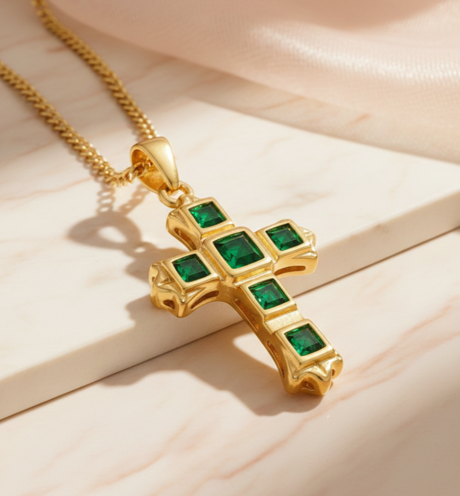 Collar Cruz Esmeralda Baño Oro 18K - LorPier