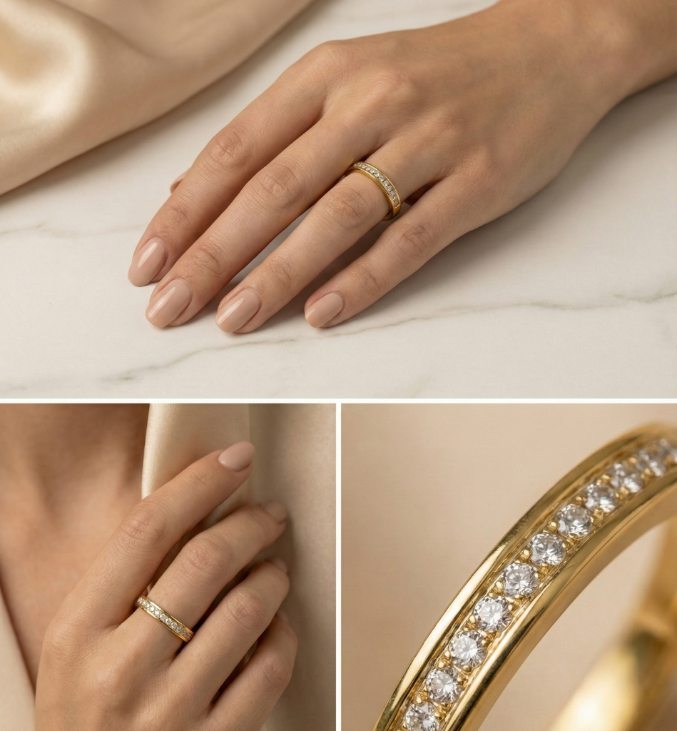Anillo Alianza con Zirconias Incrustadas Baño Oro 18k - LorPier