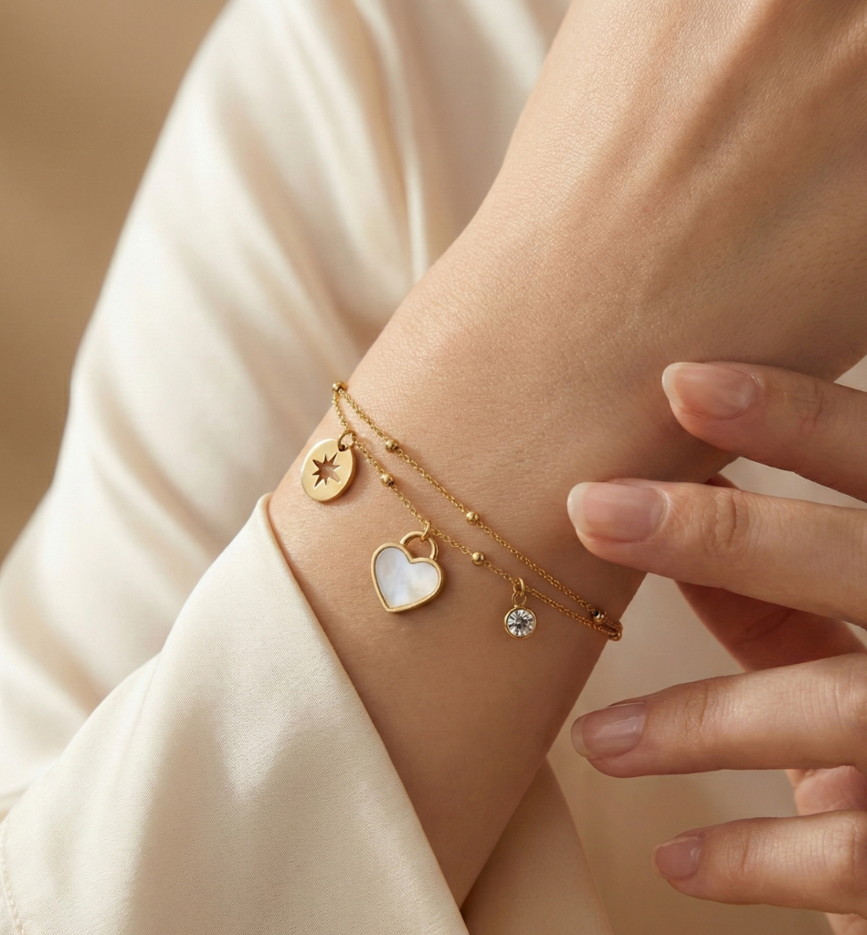 Pulsera Doble Cadena con Corazón Nácar, Estrella y Cristal - Baño Oro 18K - LorPier