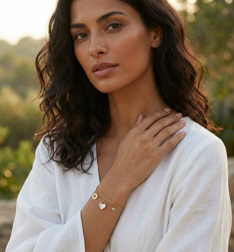 Pulsera Doble Cadena con Corazón Nácar, Estrella y Cristal - Baño Oro 18K - LorPier