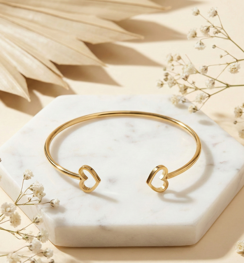 Pulsera Brazalete Abierto con Doble Corazón - Baño Oro 18K - LorPier