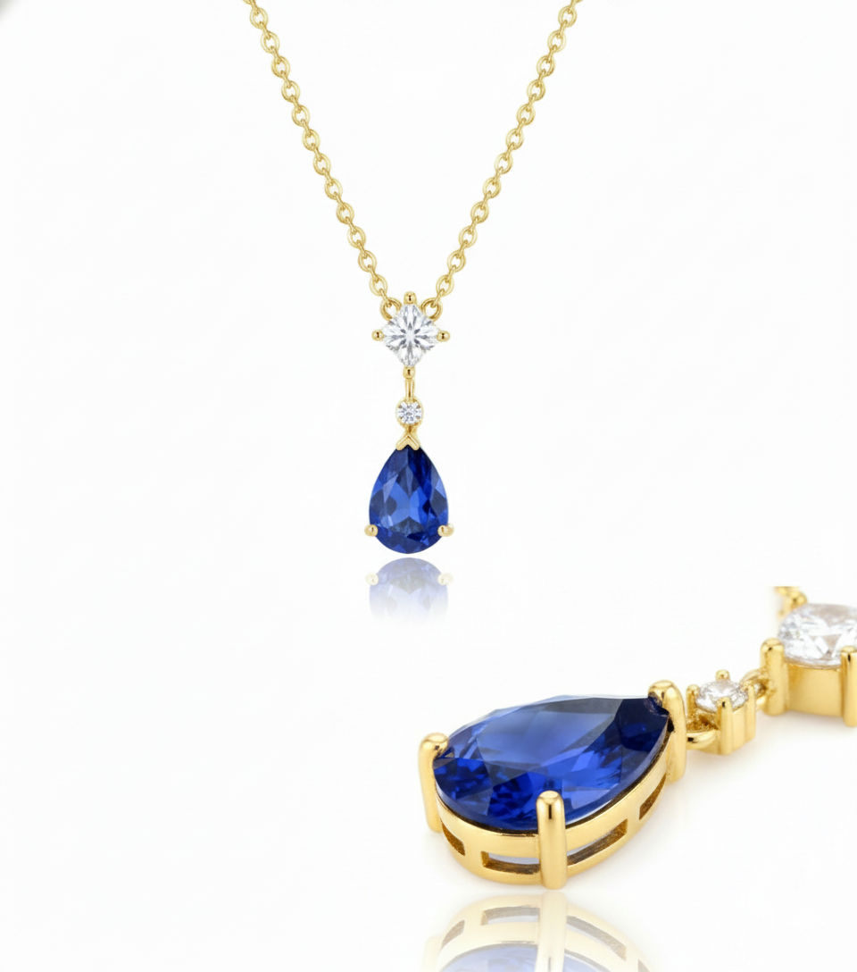 Collar Gota Zafiro Azul Baño Oro 18K