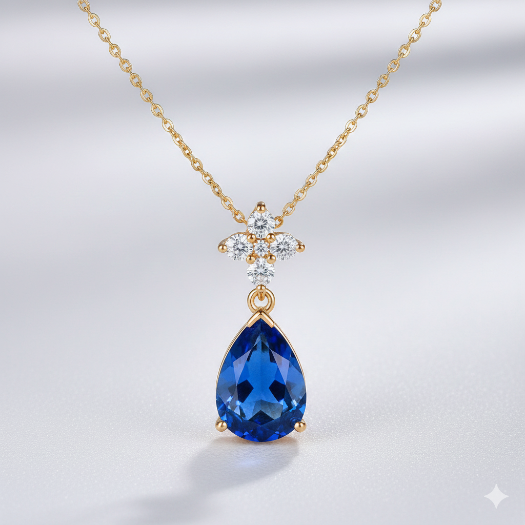 Collar Gota Zafiro Azul Baño Oro 18K