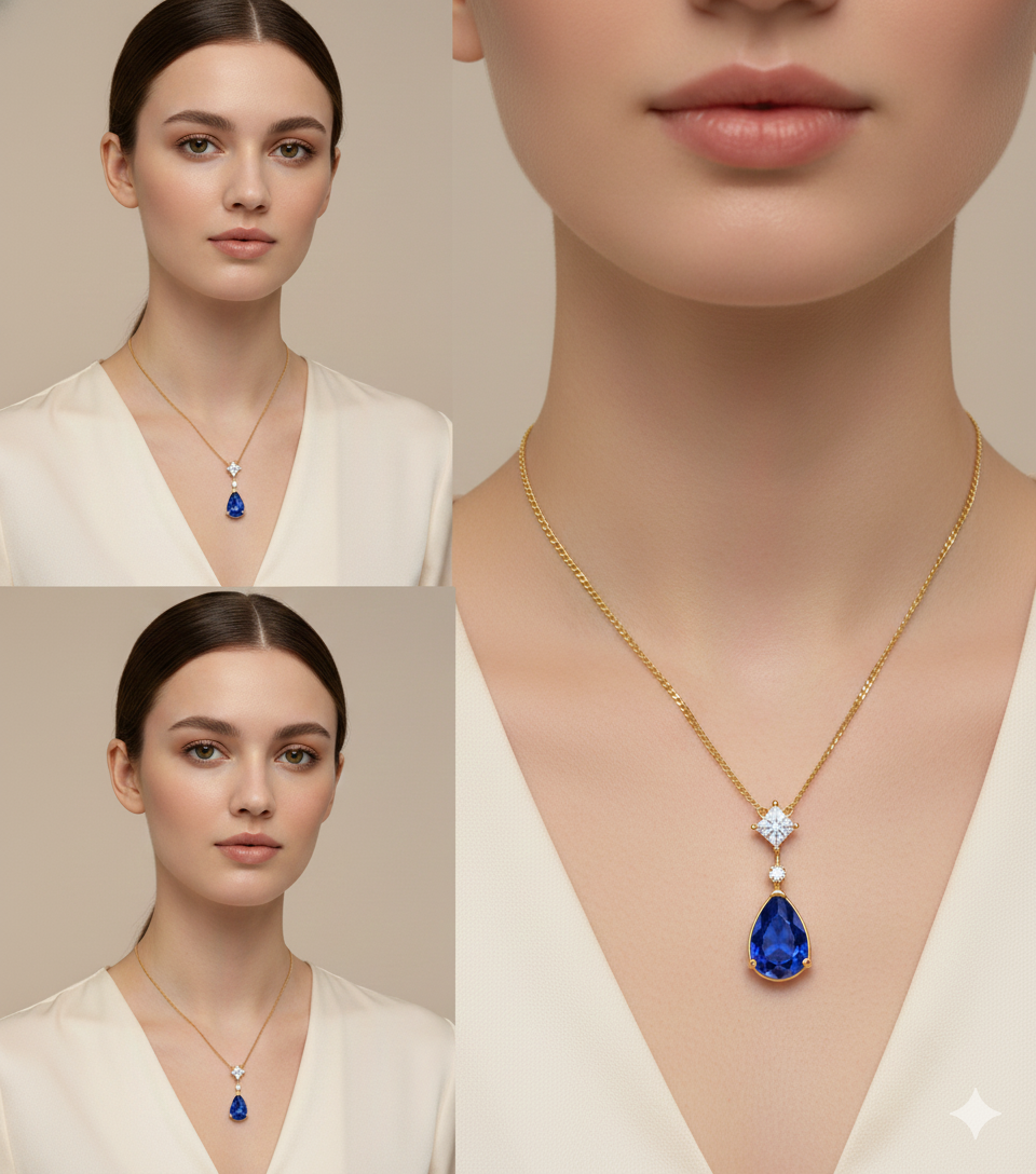 Collar Gota Zafiro Azul Baño Oro 18K