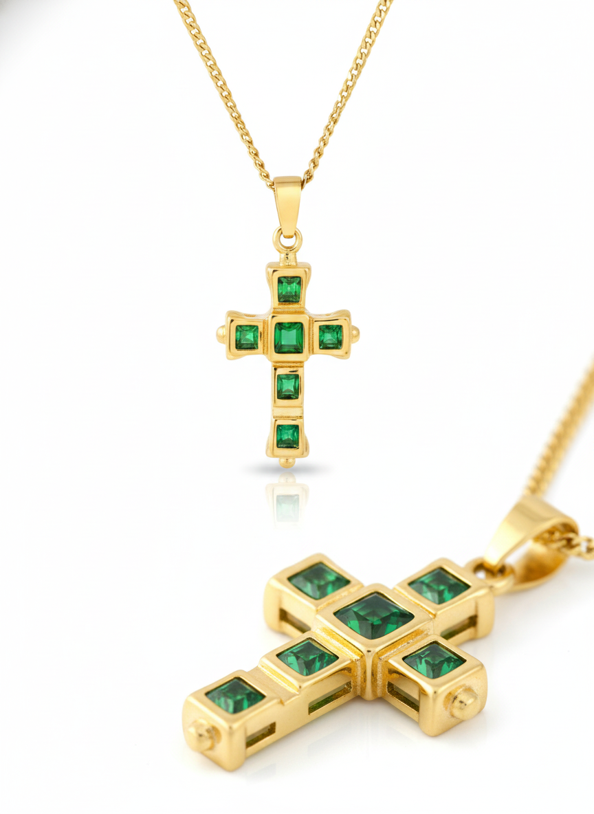 Collar Cruz Esmeralda Baño Oro 18K