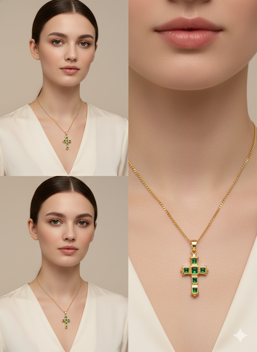 Collar Cruz Esmeralda Baño Oro 18K