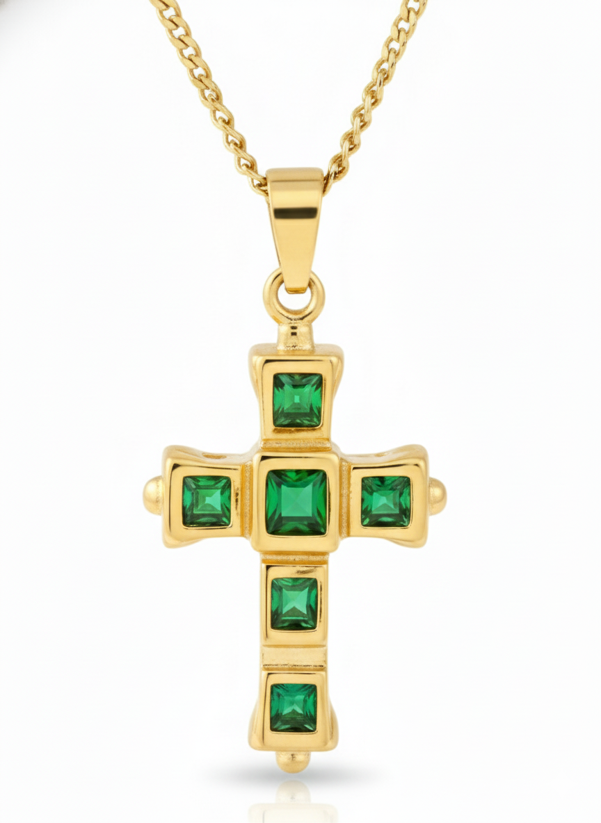 Collar Cruz Esmeralda Baño Oro 18K