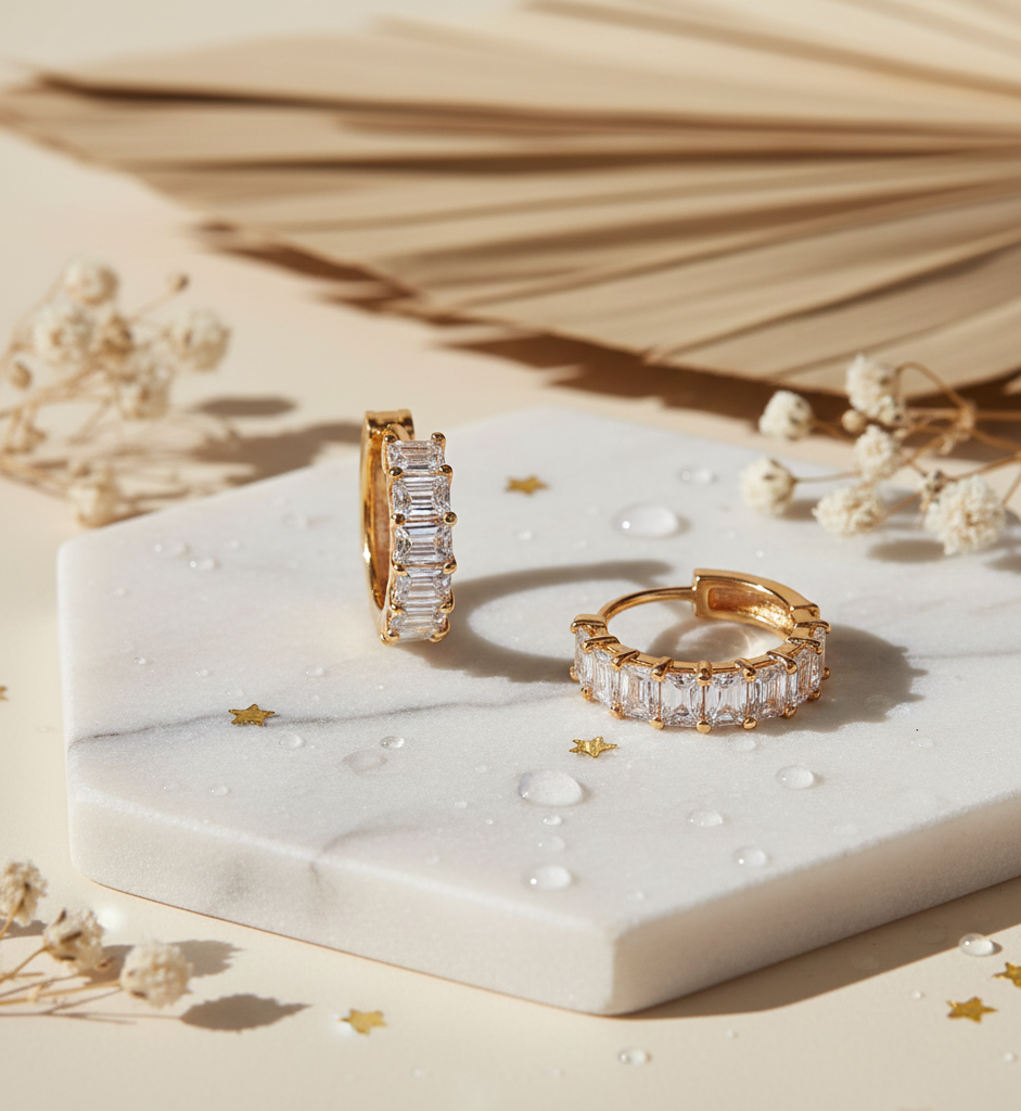 Pendientes Aro Huggie con Circonitas Baguette Baño Oro 18k - LorPier