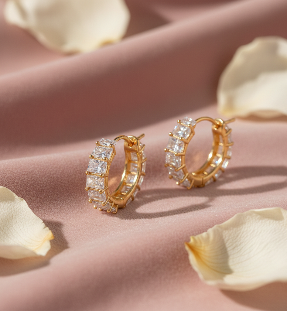 Pendientes Aro Huggie con Circonitas Baguette Baño Oro 18k - LorPier