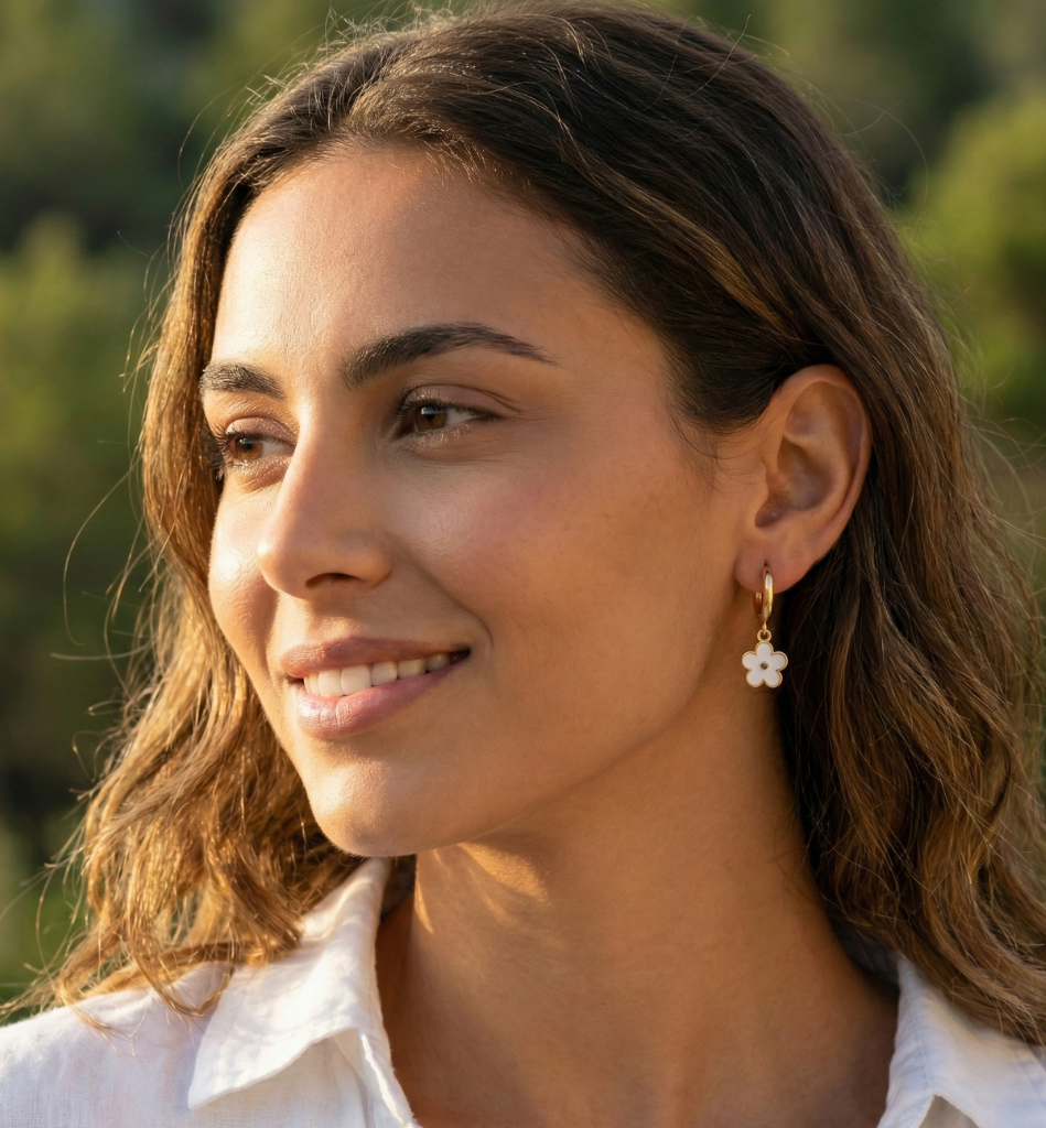 Pendientes Aro con Flor Blanca Esmaltada - Baño Oro 18K - LorPier