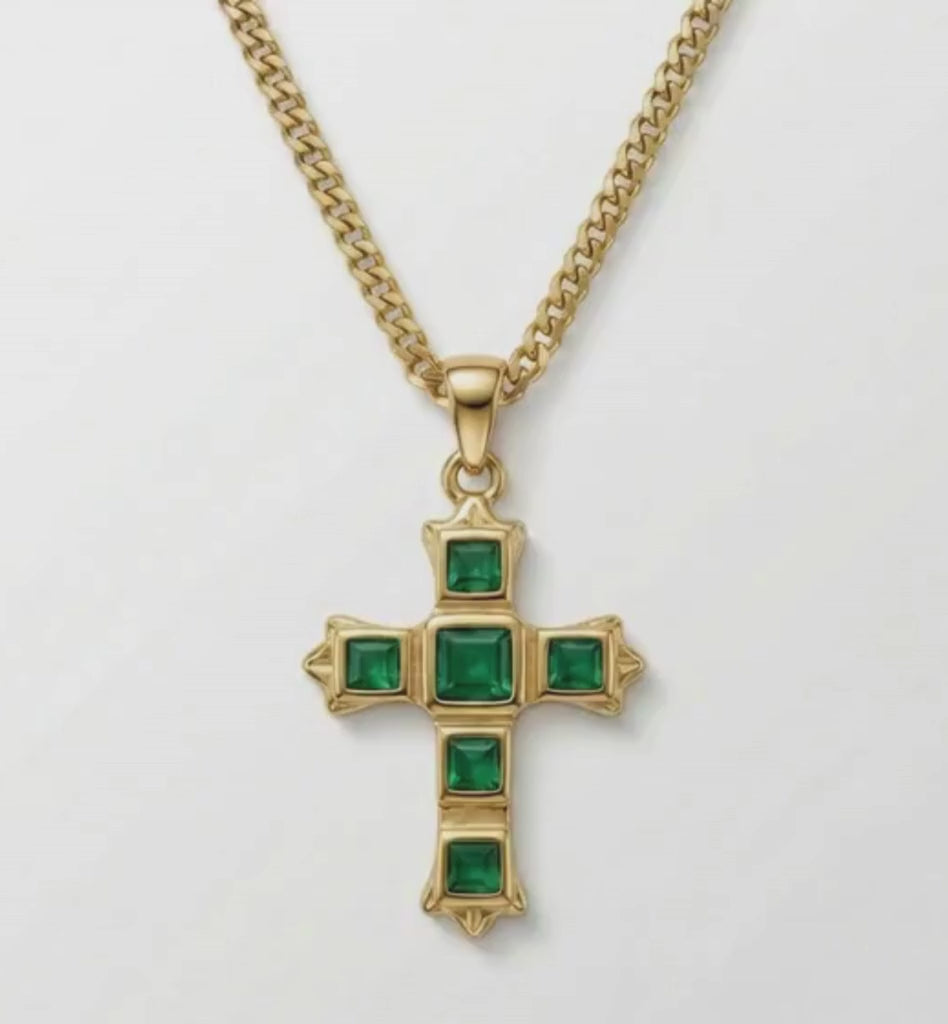 Collar Cruz Esmeralda Baño Oro 18K